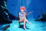  1girl barefoot blush bubble crossed_legs hair_ribbon i-168_(kantai_collection) kantai_collection long_hair looking_at_viewer one-piece_swimsuit personification ponytail red_eyes redhead ribbon school_swimsuit school_uniform serafuku sitting solo swimsuit underwater 