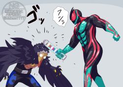  2boys absurdres armor black_bodysuit bodysuit bonk cowboy_shot crow_nightmare green_armor grey_background highres holding kamen_rider kamen_rider_zeztz kamen_rider_zeztz_(series) male_focus multiple_boys otokamu red_eyes simple_background tokusatsu watermark 