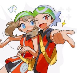  ! 1boy 1girl bandana beanie black_hair black_shorts blue_eyes brendan_(pokemon) brown_hair fang green_bandana hat highres homes3eethome looking_at_another looking_at_viewer may_(pokemon) open_mouth pointing pointing_at_viewer pokemon pokemon_adventures pokemon_emerald pokemon_rse red_eyes red_shirt shirt short_hair short_sleeves shorts simple_background standing upper_body white_background white_hat yellow_bag 
