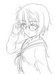  1girl cardigan glasses highres hima38 lineart monochrome nagato_yuki school_uniform serafuku short_hair suzumiya_haruhi_no_yuuutsu 