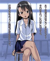  1girl 774_(nanashi) bike_shorts black brown_eyes brown_hair crossed_legs hair_ornament hairclip nagatoro open_mouth school_uniform shirt sitting skirt stool translation_request 