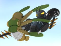 antennae commentary_request highres ibispaint_(medium) kamen_rider kicking kosaburou lokix no_humans pokemon pokemon_(creature) pokemon_focus rider_kick scene_reference shin_kamen_rider spidops v-shaped_eyes