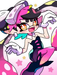 +_+ 1girl :d black_boots black_hair black_jumpsuit boots bow-shaped_hair callie_(splatoon) detached_collar earrings gloves gradient_hair highres inkling jewelry jumpsuit long_hair looking_at_viewer mole mole_under_eye multicolored_hair object_on_head open_mouth pantyhose pink_background pink_hair pink_pantyhose pointy_ears short_jumpsuit simple_background smile solo splatoon_(series) splatoon_1 standing star_(symbol) tentacle_hair twintails upper_body white_gloves yellow_eyes yoshishi_(yosisitoho)