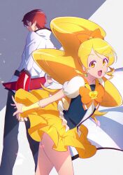  1boy 1girl bare_arms blonde_hair blue_eyes brooch cloak clothes_lift clover clover_earrings couple cure_honey curled_up facing_back fingerless_gloves four-leaf_clover frilled_ribbon frilled_skirt frills gloves hair_ornament hair_ribbon happinesscharge_precure! heart heart_brooch high_ponytail highres hood hooded_cloak jacket jewelry long_hair long_sleeves mature_male miniskirt oomori_yuuko open_mouth parted_bangs phantom_(happinesscharge_precure!) pleated_skirt ponytail precure puffy_sleeves red_hair ribbon short_hair short_sleeves skirt skirt_lift smile standing turning_around twitter_username upper_body very_long_hair wasa7subi watermark white_cloak white_jacket wristband yellow_gloves 