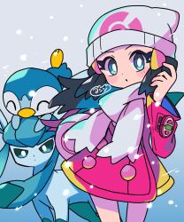  1girl :o bag beanie bird black_hair blue_background blue_eyes blue_fur bright_pupils closed_eyes coat duffel_bag glaceon hair_ornament hairclip hat highres hikari_(pokemon) long_hair looking_at_viewer penguin pink_bag pink_coat piplup poke_ball_print poke_ball_symbol pokemon pokemon_(creature) pokemon_dppt pokemon_platinum scarf simple_background snow standing two-tone_fur upper_body white_hat white_pupils white_scarf yoshishi_(yosisitoho) 