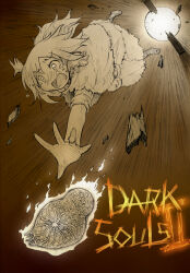  1girl arinu bearer_of_the_curse brown_theme commentary_request copyright_name dark_souls_(series) dark_souls_ii falling full_body highres hole humanity_(dark_souls) long_hair monochrome open_mouth robe solo tearing_up 