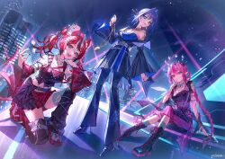  3girls :3 :d animal_ears bilingual_commentary black_boots black_skirt blue_eyes blue_hair blue_jacket blue_pants blue_shirt blue_shoes boots braid braided_hair_rings breasts cityscape closed_mouth collar colored_shoe_soles commentary cranee crop_top detached_sleeves english_commentary full_body hair_rings hakos_baelz heterochromia high_heels highres holding holding_pocket_watch hololive hololive_english holopromise horns irys_(hololive) jacket jewelry knee_boots lace-up_boots leg_warmers long_hair looking_at_viewer miniskirt mixed-language_commentary mouse_ears mouse_girl multicolored_hair multicolored_skirt multiple_girls nail_polish necklace night official_alternate_costume official_art on_one_knee open_mouth ouro_kronii outdoors pants pendant pink_eyes pink_hair pleated_skirt pocket_watch quad_hair_rings red_hair red_sleeves ring sharp_teeth shirt shoes short_hair single_off_shoulder single_strap sitting skirt smile snake_print sneakers standing streaked_hair teeth twin_braids very_long_hair virtual_youtuber watch white_collar white_shoes wide_sleeves 