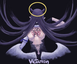  1girl absurdres artist_name back back_focus black_background cross-laced_clothes feathered_wings fur_collar gloves halo highres hololive hololive_english ina's_back_(meme) low_wings magic_circle meme ninomae_ina'nis pointy_ears purple_hair solo victarion9 virtual_youtuber white_wings wings 