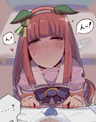  1boy 1girl :t animal_ears blue_bow blue_eyes blue_necktie blurry blurry_background blush bow brown_hair closed_mouth collared_shirt depth_of_field ears_down half-closed_eyes heart horse_ears horse_girl horse_tail kawamochi_(tddm3573) long_hair looking_at_viewer necktie pleated_skirt pout pov purple_shirt school_uniform shirt silence_suzuka_(umamusume) skirt solo_focus sweat tail tracen_school_uniform trainer_(umamusume) translation_request umamusume very_long_hair white_shirt white_skirt 