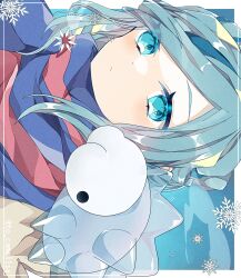  1boy blue_background blue_eyes blue_hair blue_scarf border bug grusha_(pokemon) highres jacket long_hair looking_at_viewer male_focus on_shoulder pokemon pokemon_(creature) pokemon_on_shoulder pokemon_sv scarf sideways simple_background snom snowflakes striped_clothes striped_scarf to_camellia two-tone_scarf upper_body white_border yellow_jacket 