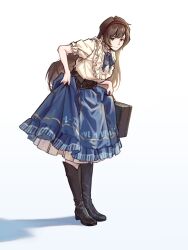  1girl absurdres alternate_costume belt bib_collar black_boots blue_skirt boots briefcase brown_belt brown_eyes brown_hair chinese_commentary closed_mouth commentary_request double-parted_bangs frilled_shirt_collar frilled_skirt frills full_body hairband highres holding holding_briefcase knee_boots leaning_forward library_of_ruina lofter_username long_hair looking_at_viewer malkuth_(project_moon) medium_skirt petticoat project_moon puffy_short_sleeves puffy_sleeves red_hairband shirt shirt_tucked_in short_sleeves sidelocks simple_background skirt smile solo standing white_background white_shirt yunmu 