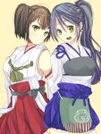  2girls bare_shoulders black_hair brown_hair cosplay costume_switch detached_sleeves green_eyes haruna_(kantai_collection) japanese_clothes kaga_(kantai_collection) kantai_collection long_hair looking_at_viewer multiple_girls muneate open_mouth personification short_hair side_ponytail simple_background tsumugi_touto 