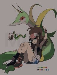  1girl 950magi618 baseball_cap black_shoes black_vest blue_eyes brown_hair chibi chibi_inset denim denim_shorts exposed_pocket full_body grey_eyes hat high_ponytail highres hilda_(pokemon) long_hair looking_at_another open_clothes open_vest poke_ball_print pokemon pokemon_(creature) pokemon_bw ponytail red_eyes serperior shirt shoes short_shorts shorts simple_background sitting snake vest white_shirt wristband 