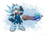  (9) 1girl blue_eyes blue_hair blue_ribbon c.g. cirno crossover dress facing_viewer grin ice ice_wings mighty_no._9 robot salute smile touhou wings 