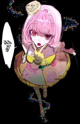  1girl absurdres bare_shoulders black_background bob_cut dress fingerless_gloves frilled_dress frilled_skirt frills gloves highres kamen_rider kamen_rider_ex-aid_(series) looking_at_viewer multicolored_dress open_mouth pink_hair poppi_pipopapo red_eyes short_hair simple_background skirt solo speech_bubble uoxou_1o28 yellow_gloves 