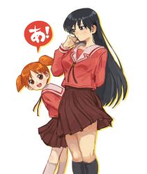  ! 2girls :d a_(phrase) azumanga_daioh azumanga_daioh's_school_uniform black_hair black_socks bnkn62 brown_eyes brown_skirt long_hair mihama_chiyo multiple_girls orange_hair pink_shirt sailor_collar sakaki_(azumanga_daioh) school_uniform shirt short_hair short_twintails skirt smile socks speech_bubble twintails white_background white_sailor_collar white_socks 