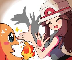  1girl :d black_eyes blue_shirt brown_hair bucket_hat charmander closed_eyes fang fire hat highres leaf_(pokemon) long_hair looking_at_another open_mouth pokemon pokemon_(creature) pokemon_frlg porkpie_hat shadow_puppet shirt simple_background sleeveless sleeveless_shirt smile sparkle upper_body white_background white_hat yoshishi_(yosisitoho) 