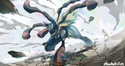  1girl 1other bicycle_helmet bike_shorts black_fur blonde_hair blue_fur bo_(bouillustration) furry helmet korrina_(pokemon) long_hair lucario mega_evolution_symbol mega_lucario mega_pokemon multicolored_fur outdoors pokemon pokemon_(creature) pokemon_focus pokemon_xy ponytail red_eyes red_fur rock snout solo_focus spikes white_helmet yellow_fur 