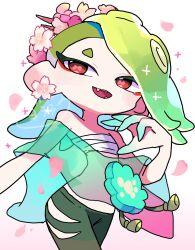  1girl cephalopod_eyes chest_sarashi earrings flower flower_earrings green_hair green_pants green_shawl hair_over_one_eye highres jewelry long_hair looking_at_viewer octoling official_alternate_color open_mouth pants pink_flower pink_petals red_eyes sarashi shawl shiver_(splatoon) simple_background smile solo splatoon_(series) splatoon_3 standing suction_cups tentacle_hair upper_body white_background yoshishi_(yosisitoho) 