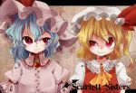  2girls blonde_hair blue_hair bow bust fang flandre_scarlet frills half_updo hat high_collar highres jumper looking_at_another multiple_girls puffy_short_sleeves puffy_sleeves rarorimiore red_eyes remilia_scarlet ribbon short_hair short_sleeves side_ponytail smirk the_embodiment_of_scarlet_devil touhou 