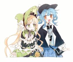  2girls bag bird_hat_ornament black_bag black_capelet blue_hair blue_necktie blue_skirt braid braided_hair_rings capelet deerstalker detective dress flower-trimmed_dress frilled_dress frills green_bonnet green_dress green_eyes hair_rings hat highres lolita_fashion magical_girl mahou_shoujo_no_majo_saiban messenger_bag multiple_girls necktie nendo23 open_mouth orange_eyes plaid_clothes plaid_skirt short_hair shoulder_bag simple_background skirt smile tachibana_sherry too_many too_many_frills toono_hanna twintails upper_body white_background 