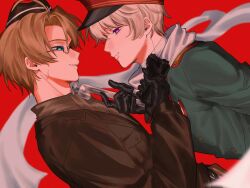  2boys ahoge aiming america_(hetalia) ascot axis_powers_hetalia bandaged_neck bandages belt black-framed_eyewear black_belt black_gloves black_hat blonde_hair blue_eyes breast_pocket brown_ascot brown_jacket brown_shirt buttons closed_mouth commentary_request desert_eagle empty_eyes floating_clothes glasses gloves green_hat green_jacket grey_hair gun hair_between_eyes half-closed_eyes hand_up handgun hat highres holding holding_gun holding_lead_pipe holding_weapon jacket lapels lead_pipe leather leather_gloves long_sleeves looking_at_another male_focus military_hat military_jacket military_uniform multiple_boys pocket puffy_long_sleeves puffy_sleeves red_background russia_(hetalia) scarf semi-rimless_eyewear shirt short_hair simple_background smile surimi_003 upper_body violet_eyes visor_cap weapon white_scarf 