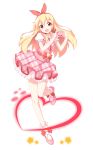  1girl :d aikatsu! blonde_hair chomo_(asymmate) hair_ribbon heart heart_hands highres hoshimiya_ichigo long_hair looking_at_viewer open_mouth red_eyes ribbon skirt smile solo star 