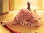  1girl cardigan glasses highres kuriyama_mirai kyoukai_no_kanata lying pink_hair red-framed_glasses short_hair solo sword weapon wince y_in 