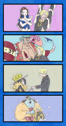  1girl 4boys ^_^ afro arms_up aska_makoto black_hair black_suit blonde_hair blue_hair blue_skin brook_(one_piece) chest_tattoo closed_eyes colored_skin commentary_request crossed_arms crown extra_arms eyewear_on_head facial_hair feather_boa franky_(one_piece) goatee hair_over_one_eye hair_slicked_back hat heart heart-shaped_pupils highres japanese_clothes jinbe_(one_piece) kimono long_hair multiple_boys necktie nico_robin one_piece orange-tinted_eyewear orange_kimono pompadour sanji_(one_piece) sash sharp_teeth sideburns skeleton suit symbol-shaped_pupils tattoo teeth tinted_eyewear 