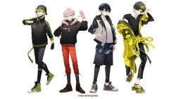  4boys :d antenna_hair backwards_hat baseball_cap bishamon_tenka black-framed_eyewear black_hair black_hat black_jacket black_leggings black_pants black_shirt black_shoes black_shorts black_socks blonde_hair blue_eyes bracelet coat commentary_request copyright_name copyright_notice daikokuten_shizuki ebisu_amon engi-monogatari fukuroku_kojyurou full_body green_eyes green_hair green_shoes grin hair_between_eyes hat highres jacket japanese_clothes jewelry kizuna_ai_inc. leggings looking_at_viewer multicolored_hair multiple_boys official_art open_mouth pants red_eyes red_pants shirt shoes short_hair shorts simple_background smile sneakers socks standing streaked_hair tinted_eyewear virtual_youtuber waving white_background white_hair white_jacket white_shirt white_shoes yellow-tinted_eyewear yellow_coat yellow_socks yellow_trim 