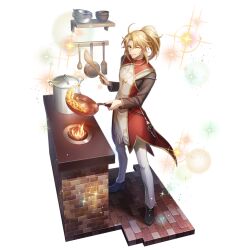  1boy artist_request belt black_belt black_boots black_shirt blonde_hair boots brick_floor closed_mouth cooking cooking_pot counter eyelashes fire food fried_rice frying_pan full_body game_cg gold_trim holding holding_frying_pan kitamura_motoyasu legendary_spear_(small_spear)_(tate_no_yuusha_no_nariagari) legendary_spear_(tate_no_yuusha_no_nariagari) light_particles long_sleeves looking_at_viewer male_focus medium_hair messy_hair official_alternate_costume official_art one_eye_closed pants pinstripe_pattern pinstripe_shirt ponytail red_eyes red_tunic shirt short_ponytail simple_background smile solo sparkle spatula spoon tate_no_yuusha_no_nariagari tate_no_yuusha_no_nariagari_rerise transparent_background tunic turtleneck_tunic two-tone_tunic v-shaped_eyebrows white_pants white_tunic wooden_spatula wooden_spoon 