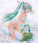  2girls artist_name bikini chibi goggles goggles_on_head green_eyes green_hair hair_ribbon hatsune_miku long_hair mayo_riyo multiple_girls navel open_mouth outstretched_arms ponytail ribbon side-tie_bikini snorkel spread_arms spring_onion straddling striped striped_bikini striped_swimsuit surfing swimsuit traditional_media twintails very_long_hair vocaloid water 