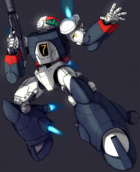  assault_visor commentary_request exhaust ginga_hyouryuu_vifam green_visor grey_background gun highres holding holding_gun holding_weapon itou_(onsoku_tassha) mecha mecha_focus no_humans robot round_vernian science_fiction simple_background thrusters vernier_thrusters vifam weapon 