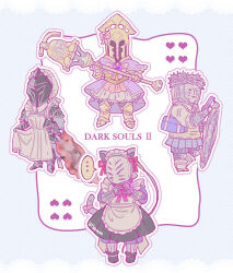  ... 4boys alternate_costume animal_ears apron armor armored_boots artist_name black_armor blue_background blue_skirt boots cat_ears cat_tail cellphone_charm charm_(object) chibi chibi_only club_(weapon) commentary copyright_name crossdressing crossdressing_(mtf) crown_of_thorns dark_souls_(series) dark_souls_ii enmaided fake_animal_ears full_body fume_knight heart helm helmet holding holding_club holding_shield holding_sword holding_weapon kanon_(rsl) knight looking_glass_knight magical_girl maid male_maid multiple_boys pastel_colors pauldrons pleated_skirt shield shoulder_armor sir_alonne skirt spoken_ellipsis standing sword tail velstadt_the_royal_aegis weapon white_apron 