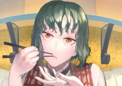  1girl :/ animal_ears black_choker choker chopsticks chopsticks_in_mouth green_eyes green_hair hands_up highres hotoke_party kazami_yuuka lace-trimmed_choker lace_trim looking_at_viewer shelf shirt short_hair solo touhou white_shirt 