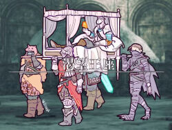  1other 4boys armor bashful_ray bearer_of_the_curse benhart_of_jugo black_bodysuit bodysuit boots bradley_of_the_old_guard brown_boots brown_cape brown_hair cape commentary dark_souls_(series) dark_souls_ii estus_flask full_body game_screenshot_background gauntlets grey_boots head_of_vengral helm helmet indoors kanon_(rsl) knight litter_(vehicle) mask moonlight_greatsword mouth_mask multiple_boys pauldrons reclining screenshot_background shoulder_armor sword walking weapon 