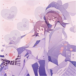  1boy aegyo_sal balloon belt belt_buckle border brooch buckle buttons candy candy_cane character_doll checkered_clothes checkered_scarf christmas closed_mouth clown commentary_request crosshair danganronpa_(series) danganronpa_v3:_killing_harmony denim doll dress_pants eyelashes eyes_visible_through_hair feet_out_of_frame food fur-trimmed_headwear fur-trimmed_hood fur-trimmed_robe fur_trim gingerbread_man hair_between_eyes hair_ornament happy hat heart_balloon holding holding_doll hood hood_down hooded_robe jacket jeans jewelry male_focus medium_hair oma_kokichi open_belt open_clothes open_robe pants pom_pom_(clothes) print_headwear print_robe purple_background purple_hair purple_hat purple_robe purple_theme robe robe_on_shoulders sakura_(fein5862817) santa_hat scarf smile snowman solo space_print star_(symbol) star_print starry_sky_print thigh_belt thigh_strap torn_clothes torn_jeans torn_pants twitter_username unworn_scarf violet_eyes white_belt white_border white_jacket white_pants 