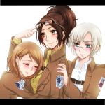  blue_eyes blush brown_hair glasses goggles hange_zoe highres jacket kiraki multiple_girls petra_ral ponytail rico_brzenska shingeki_no_kyojin short_hair silver_hair uniform 