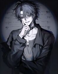  1boy bags_under_eyes black_eyes black_hair black_jacket black_pants chiaroscuro choker collar dark_theme evil_smile glowing glowing_eye grey_shirt hair_over_one_eye hand_on_own_chin head_tilt highres jacket kubrick_stare lineup long_sleeves looking_at_viewer medium_hair messy_hair monochrome open_clothes open_jacket original pants parted_bangs shirt simple_background sketch skinny smile smirk solo_focus spot_color stroking_own_chin tsurime upper_body vignetting zhishiwan 