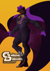  1boy artist_name black_cape black_hair black_jacket black_pants black_vest brooch brown_eyes cape cloak_(marvel) cloak_(twilight_duo)_(marvel) dark-skinned_male dark_skin dreadlocks fedora floating_cape flower_brooch full_body galena_bismon gloves hashtag-only_commentary hat highres jacket jewelry looking_to_the_side marvel marvel_rivals muscular muscular_male official_alternate_costume pants profile purple_gloves purple_hat purple_trim short_hair vest yellow_background 