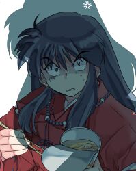  1boy 1girl black_eyes black_hair chopsticks cup hands_up highres higurashi_kagome holding holding_chopsticks holding_cup inuko_(nozomi1118) inuyasha inuyasha_(character) japanese_clothes kariginu long_hair long_sleeves male_focus ominous_shadow out_of_frame parted_lips ramen red_shirt shadow shirt simple_background solo_focus sweatdrop v-shaped_eyebrows white_background 