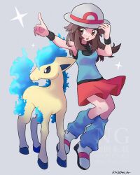  1girl absurdres alternate_color blue_shirt breasts brown_eyes brown_hair bucket_hat fiery_hair fiery_tail fire full_body hat highres horse leaf_(pokemon) long_hair loose_socks open_mouth pokemon pokemon_(creature) pokemon_frlg ponyta porkpie_hat red_skirt sandora_(karugamo_no_e) shiny_pokemon shirt simple_background skirt sleeveless sleeveless_shirt socks star_(symbol) tail white_hat wristband 