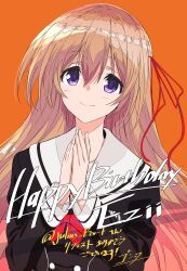  1girl absurdres blonde_hair blush bow buttons chaos;child chest_bow cropped_jacket double-breasted dress_vest fingernails hair_ribbon hekiho_academy_school_uniform highres kurusu_nono long_hair long_sleeves looking_at_viewer own_hands_together red_bow red_ribbon ribbon sailor_collar school_uniform science_adventure shiny_eyes smile solo upper_body violet_eyes white_sailor_collar xtango 