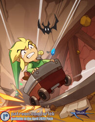  1boy beak black_eyes blonde_hair blue_eyes cart cave cave_interior clenched_teeth ezlo green_hat green_tunic hat keese link mine_(place) minecart mineshaft open_mouth orlek pointy_ears railroad_tracks riding rupee_(zelda) short_hair sparks sword teeth the_legend_of_zelda the_legend_of_zelda:_the_minish_cap the_legend_of_zelda_(nes) toon_link tunic weapon 