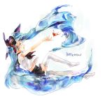  1girl artist_name blue_hair bottle_miku character_name fish hair_ribbon hatsune_miku highres liquid_hair long_hair mp0612 open_mouth ribbon school_uniform serafuku sitting skirt solo thigh-highs twintails very_long_hair vocaloid water white_background 