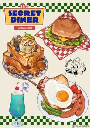  apron asparagus bacon berry blueberry bread bread_slice burger cheese chef_hat cherry cherry_tomato commentary_request doodle_inset english_text food food_focus food_wrapper french_toast fried_egg fruit frying_pan hat heart highres holding holding_frying_pan honey ice_cream ice_cream_float lettuce meat mint original plate sausage sliced_cheese ssssecret49 teeth toast tomato tomato_slice twitter_username 