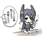  1girl blue_hair carrot chibi eyepatch food fork headgear kantai_collection necktie personification plate short_hair solo tenryuu_(kantai_collection) translated triangle_mouth unhappy yellow_eyes yuasan 