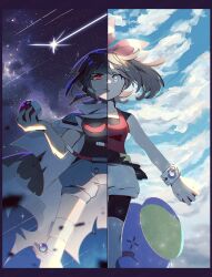  2girls belt bike_shorts bike_shorts_under_shorts blue_sky bow_hairband brown_hair cape cloak fukkatsu_no_maya grey_cape grey_shorts hairband highres holding holding_poke_ball may_(pokemon) mega_ring multiple_girls open-toe_boots over-kneehighs poke_ball pokemon pokemon_oras ponytail red_belt red_hairband red_shirt rope_belt shirt short_ponytail shorts side-by-side sky star_(sky) starry_sky thigh-highs whismur zinnia_(pokemon) 
