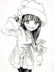  1girl akebi-chan_no_serafuku akebi_komichi blunt_bangs blush buttons christmas christmas_stocking coat cowboy_shot fur_trim gift gloves hand_on_own_head hat highres hiro_(dismaless) holding holding_gift long_hair long_sleeves looking_at_viewer monochrome open_mouth santa_hat signature simple_background skirt smile solo straight_hair teeth upper_teeth_only white_background 