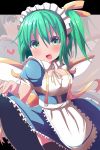  1girl alternate_costume apron black_legwear blush breasts cleavage daiyousei dress enmaided green_eyes green_hair highres kuromu_(underporno) large_breasts maid maid_headdress open_mouth ribbon short_hair side_ponytail skirt_hold solo thighhighs touhou waist_apron wings zoom_layer 